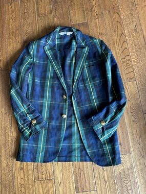 Rowing Blazers plaid Navy & Green Blazer with Gold Buttons sz 38